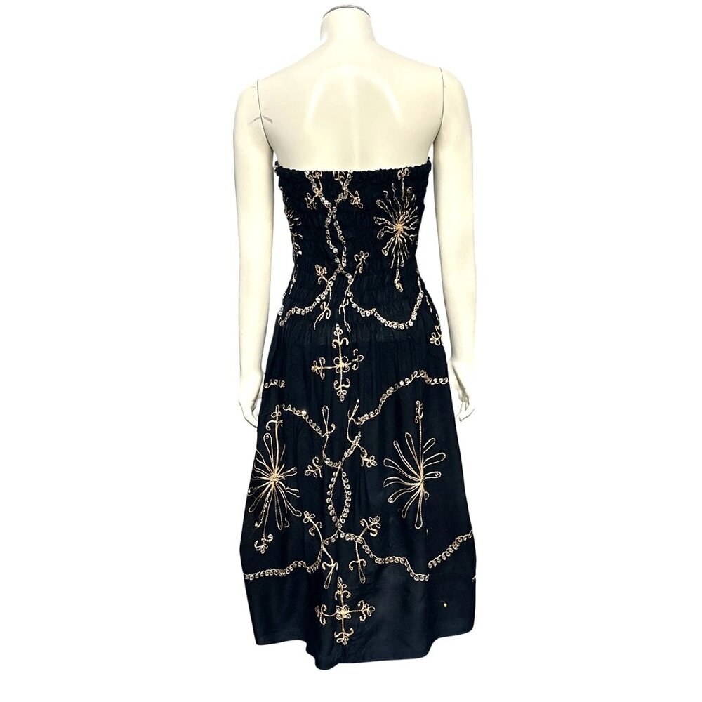 Black Strapless Smocked Embroidered Sequin Midi Dress Gold Scroll Starburst Boho - Picture 6 of 8